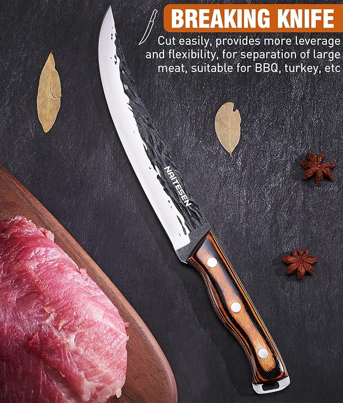 4PCS Hand Forged Butcher Knife and Kitchen Knife 2 in 1 Set, Heavy Duty Meat Cleaver Serbian Chef Knife Breaking Knife Boning Knife for Meat Cutting BBQ Gifts for Men Women