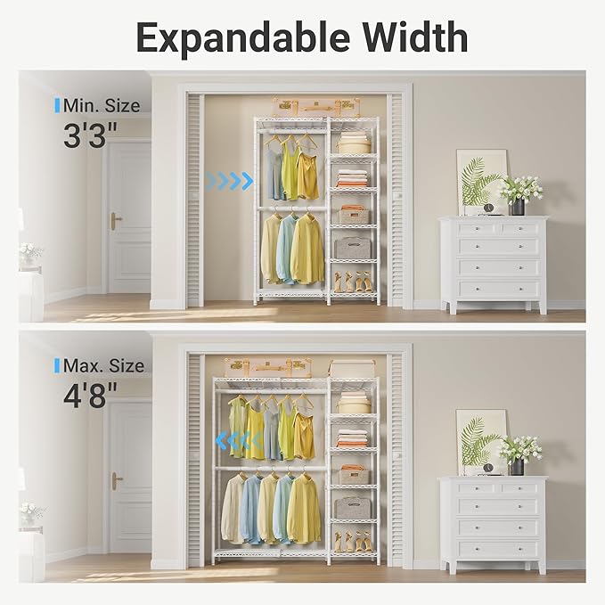VIPEK X2 Expandable Reach-in Closet Racks Adjustable from 3'3" to 4'8" Portable Open Walk-in Closet Rack System with Flexible Shelves and Hanger Rods Clothing Rack for Hanging Clothes, White