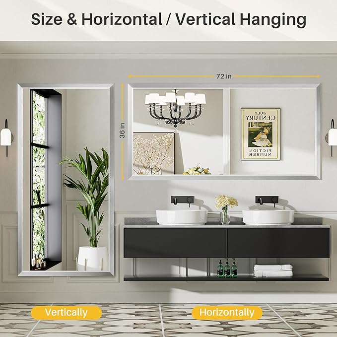 72x36 Inch Silver Bathroom Mirror for Wall, Thick Metal Framed Rectangle Mirrors for Over Sink, Bedroom, Living Room, Entryway, Anti-Rust, HD Tempered Glass