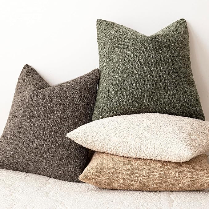 Foindtower Set of 2, Decorative Textured Boucle Throw Pillow Covers Accent Solid Pillow Cases Soft Cozy Couch Cushion Case for Chair Sofa Bedroom Living Room Home Decor 24x24 Inch Light Brown