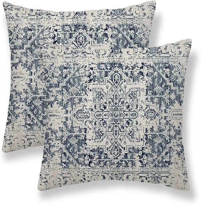 Boho Pillow Covers 22x22 Set of 2, White Navy Blue Carpet Pattern Outdoor Decorative Throw Pillows Ethnic Rustic Farmhouse Cushion Cases Linen Gifts for Couch Sofa Decor