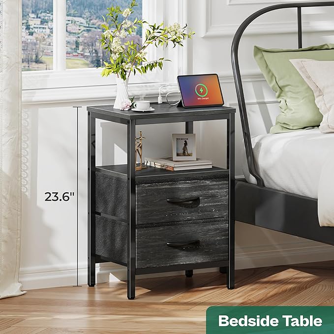Huuger Nightstand with Charging Station, Fabric Drawers, End Table with Open Shelf, Bedside Table with USB Ports and Outlets, Night Stand for Bedroom, Charcoal Black Wood Grain Print