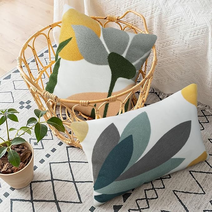 Merrycolor Boho Lumbar Throw Pillow Covers 12x20 Embroidered Abstract Mid Century Modern Pillowcases Bohemian Aesthetic Decorative Pillows for Couch Bed Sofa Living Room 1PC,Plant