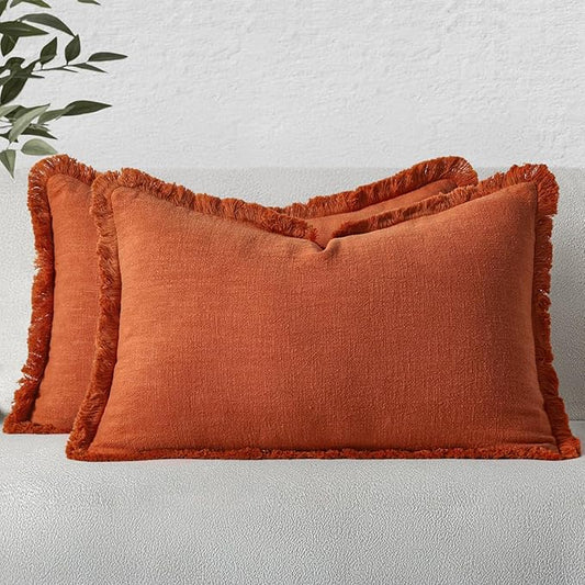 MIULEE Fall Decorative Throw Pillow Covers Neutral Linen Fringe Throw Pillows Set of 2 Burnt Orange Boho Farmhouse Cushion Covers with Tassels for Couch Sofa Bed Living Room Home Decor 12x20 Inch