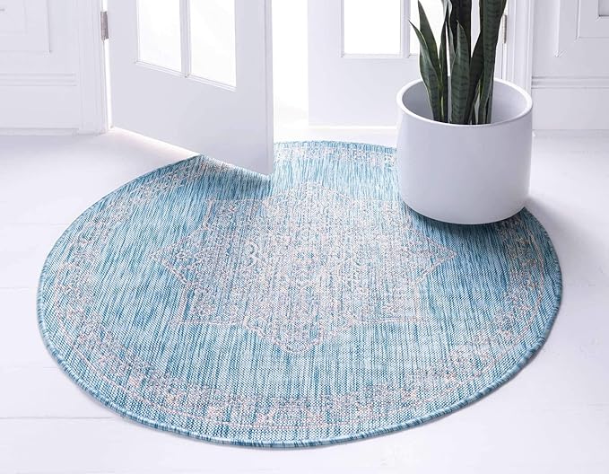 Unique Loom Outdoor Traditional Collection Area Rug - Antique (4' 1" Round, Light Aqua/ Gray)