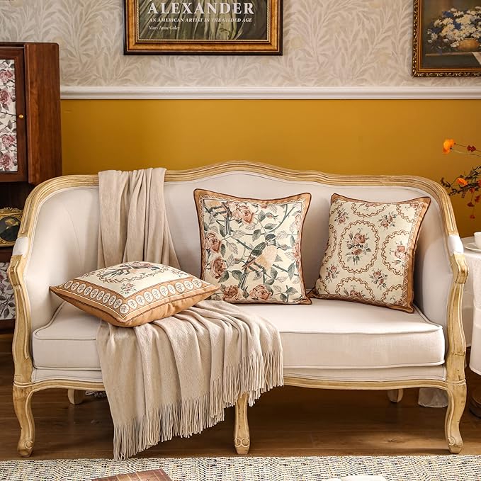 patdrea Designer Vintage Floral Throw Pillow Covers for Couch Set of 2,Brown Linen Pillowcases with Bird and Rose Pattern Decorative Square Cushion for Bed Living Room Outdoor Cafe Car,18"x18"