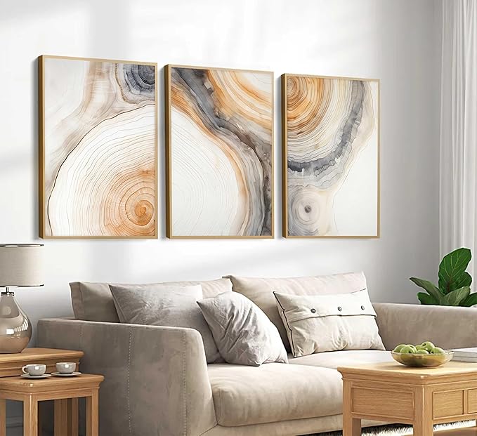 3 Pcs Beige Tree Rings Canvas Wall Art Modern Neutral Abstract Geome Nature Tree Ring Paintings Pictures Wall Decor Poster Print Artwork for Living Room Bedroom Office Home Decoration Unframed