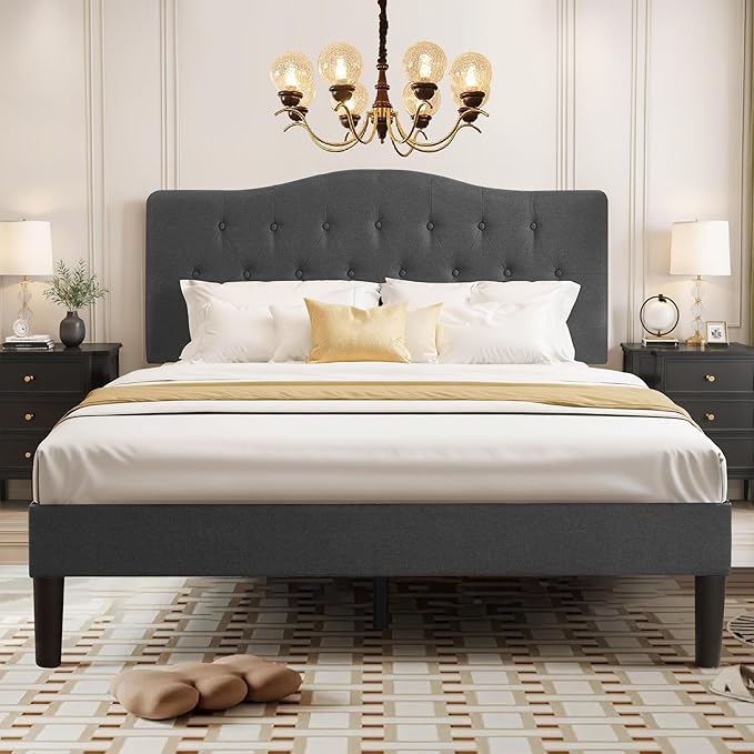 VECELO Queen Size Bed Frame Upholstered Platform with Tufted Adjustable Headboard/Mattress Foundation Wood Slat Support/Easy Assembly,Grey