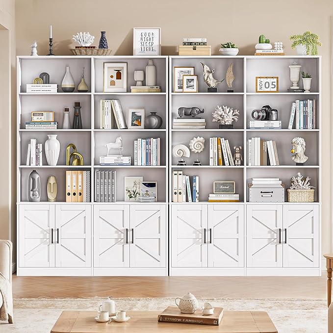 White Bookshelf and Bookcase with 4 Doors, 6 Tier Large Book Shelf with Storage Cabinets, Modern Floor Standing Display Shelves, 71” Tall Book Case for Living Room, Home Office, Library