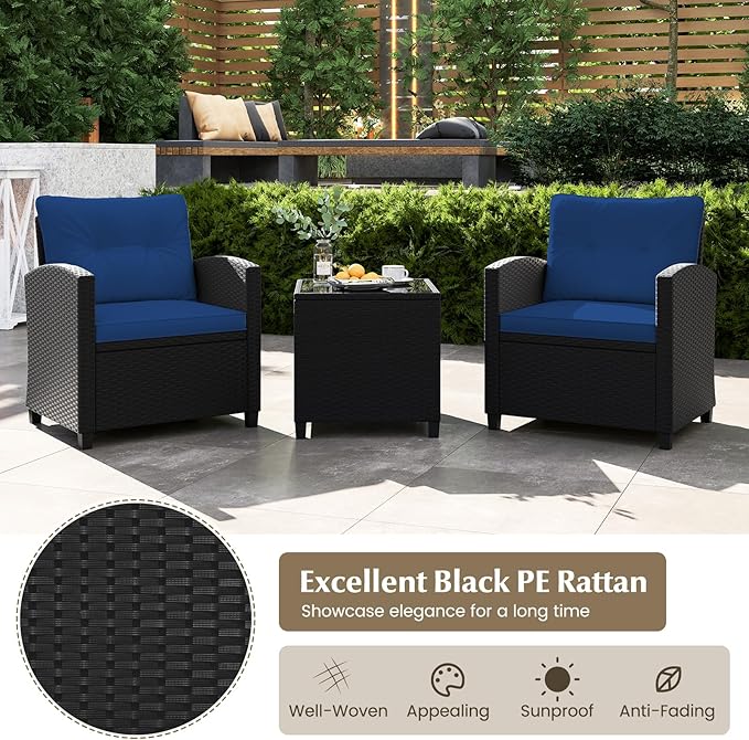 RELAX4LIFE 3-Piece Patio Furniture Set - Wicker Rattan Bistro Sofa w/Glass Top Coffee Table, Washable Cushions for Porch Balcony Backyard Poolside, Outdoor Conversation Set (Navy)