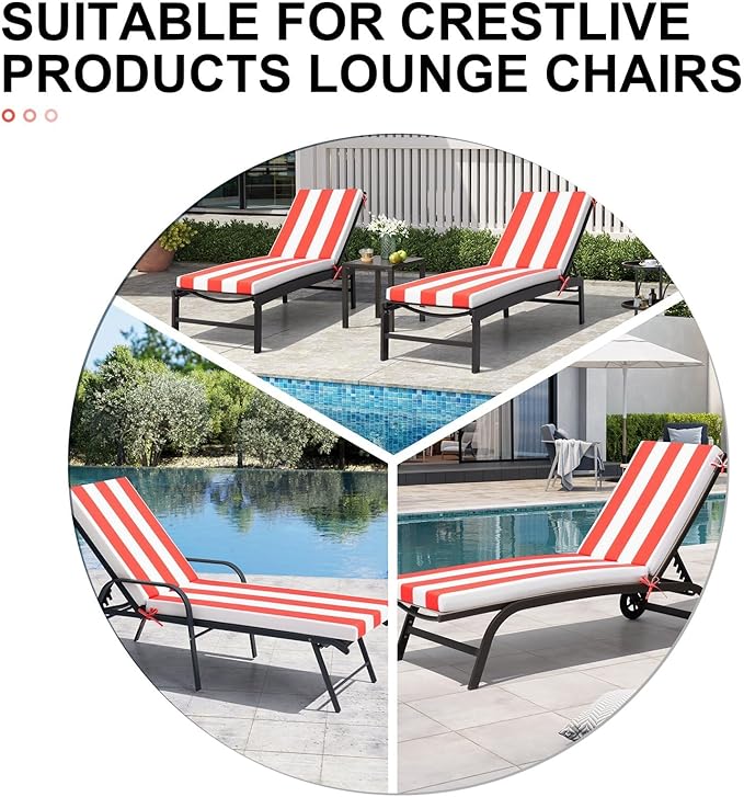 Crestlive Products Chaise Lounge Cushions Set of 2, Outdoor Cushions for Patio Furniture, Water Resistant Lounge Chair Cushion for Pool, Deck, Lawn, 80''L x 23''W, Red White Stripe