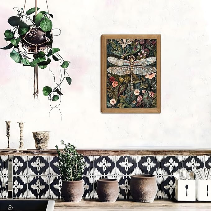 Framed Vintage 3D Textured Wall Art - Dark Green Dragonfly Flowers Wall Decor - Hand Drawn Sandstone Nature Botanical Pictures for Living Room Bedroom Home Decor 16x24in