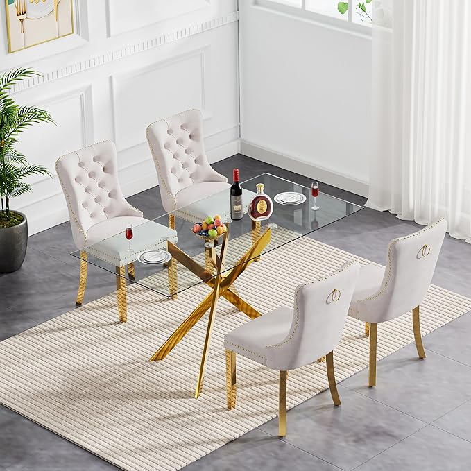 Goujxcy 5 Piece Glass Dining Table Set Modern Glass Dining Table Set for 4, 51" Rectangular Kitchen Table and 4 Velvet Upholstered Chairs for Kitchen Dining Room, Gold Table & Beige Chair