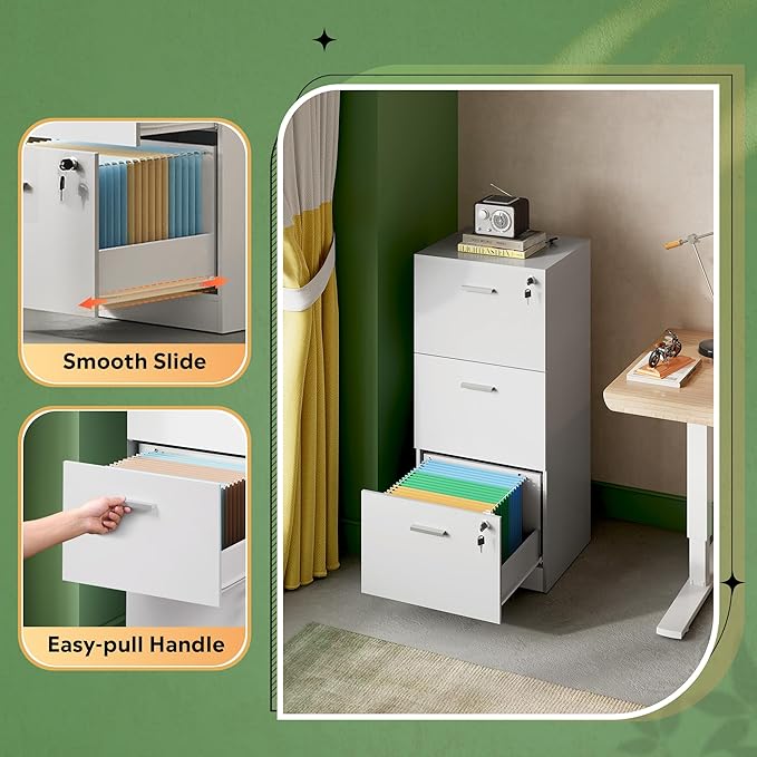 DEVAISE 3 Drawer File Cabinet with Lock, Vertical Wood Filing Cabinet for Home Office, Printer Stand for Letter and A4 Size, White