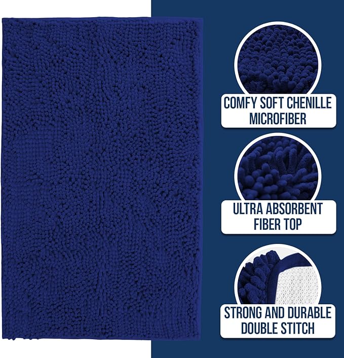 Muddy Mat Chenille Bathroom Rugs Quick Dry Microfiber Mats Non Slip Washable, Extra Thick, Soft and Highly Absorbent Bath Mats for Bathroom, Kitchen, and Shower Floor - Navy Blue Medium 30"X19"
