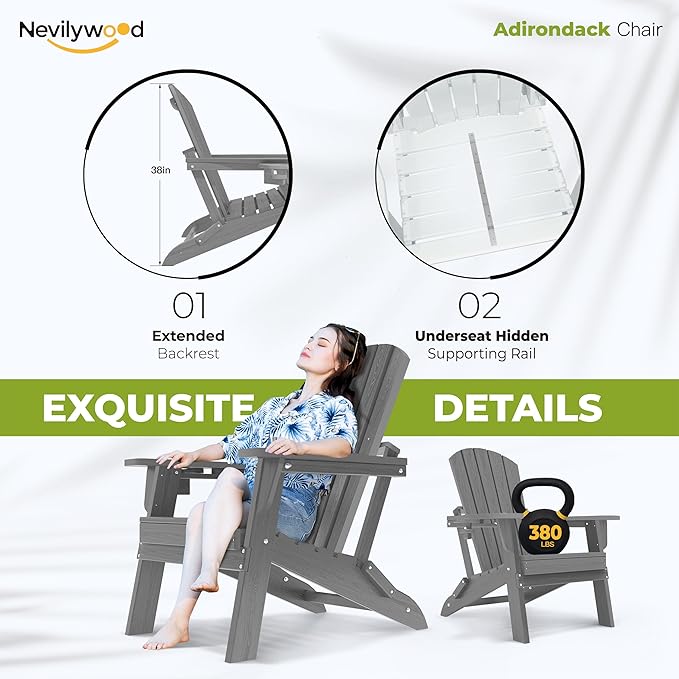 nevilywood Folding Adirondack Chair - Extended Ergonomic Backrest, Cup Holder - Easy Assembly - Durable HDPE Plastic, Weather Resistant & Maintenance-Free - Lawn, Patio, Deck Supports 380lbs Grey