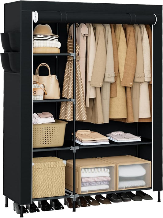Portable Closet, 48 Inch Large Capacity Wardrobe Closet with Cover, Clothes Storage Organizer with Shelves and 1 Hanging Rod, Easy to Assembly, Black PCT221B01