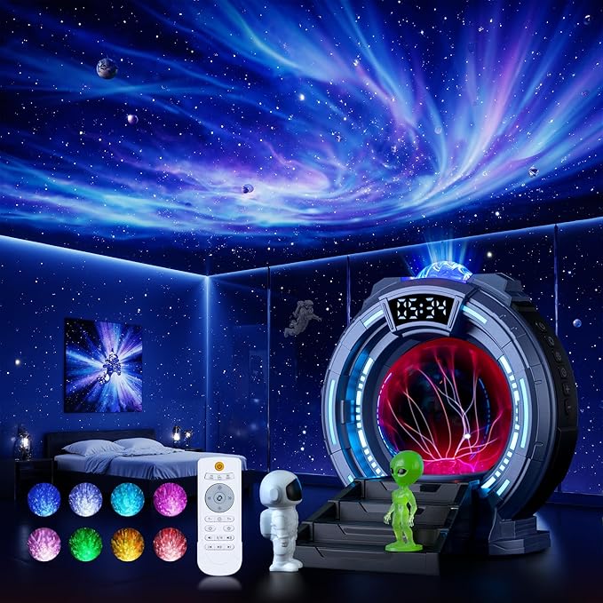 Space Portal Plasma Ball Night Light, LED Galaxy Projector Alien Lamp with White Noise, Bluetooth Music Speaker Alarm Clock,Remote,Star Light for Kids Room Decor Lamp,Christmas/Birthday Gift.(Blue)