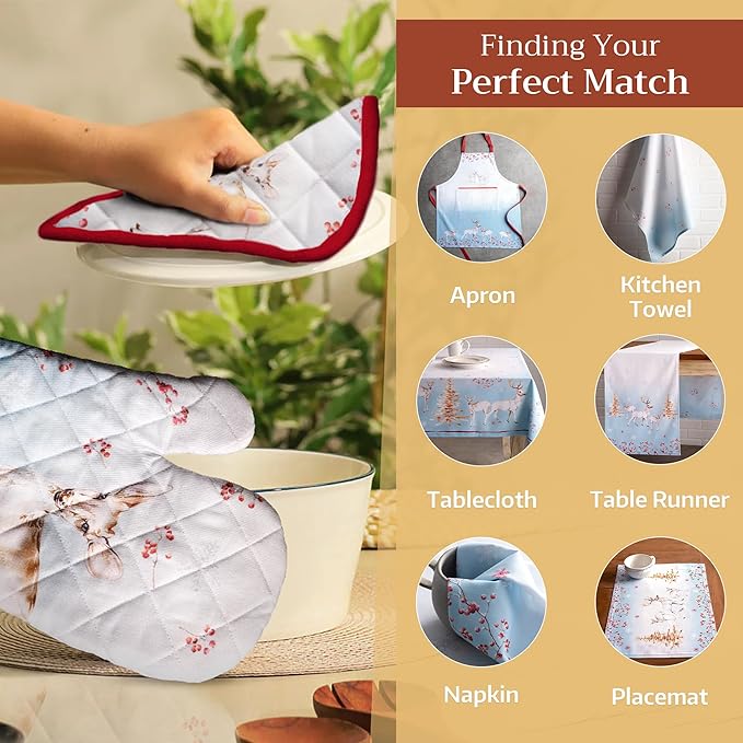 Maison d' Hermine Oven Gloves 100% Cotton Oven Mitt 7" x 13" with Loop Heat Resistant BBQ Cooking Gloves for Thanksgiving Christmas Decorations Baking Handling Hot Pans (Pack of 1, Fairy Tale Forest)