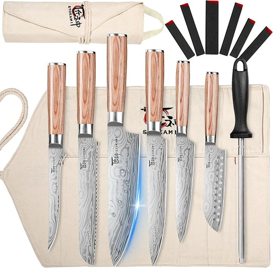 Chef Knife Set, 14pcs Japanese Kitchen Knife Set with Roll Bag, Pakkawood Handle, High Carbon Stainless Steel Professional Kitchen Knives for Camp Travel Outdoor Gift