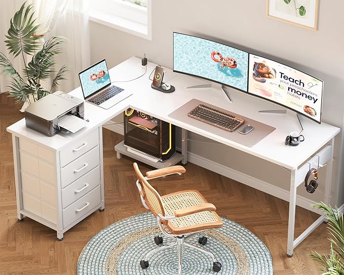 AODK L Shaped Desk with 4 Tier Drawers, 61" Reversible Gaming Desk with Power Outlets, L Shaped Computer Desk with USB Charging Port and Host Stand, Home Office Corner Desk, Easy to Assemble, White