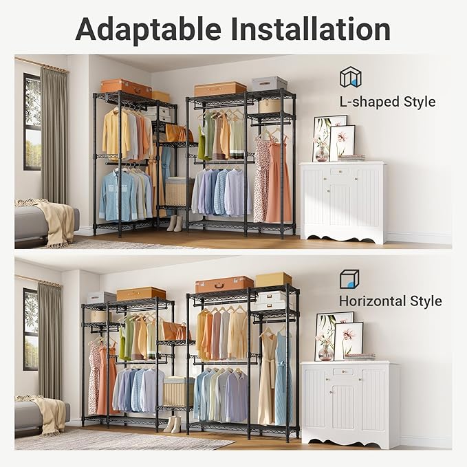 VIPEK V2S Heavy Duty Clothes Rack, Portable Metal Clothing Racks with 4 Tiers Adjustable Wire Shelving & 3 Hanging Rods, Freestanding Wardrobe Portable Closet Rack, Max Load 800LBS, Black