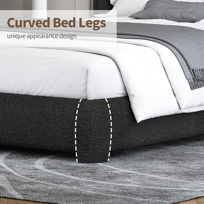 BarnFurin Queen Bed Frame, Boucle Upholstered Platform Bed Frame with Headboard, Modern Style, Soft Rounded Corners, No Box Spring Required, Easy Assembly, Black