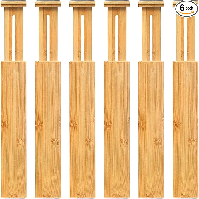 VaeFae 6-Pack Bamboo Drawer Dividers – Adjustable 14"-19.1" (Fits 15"-18" Drawers ONLY), Spring-Loaded Expandable Organizer for Kitchen, Bedroom, Office & Bathroom, MUST MEASURE Before Purchase