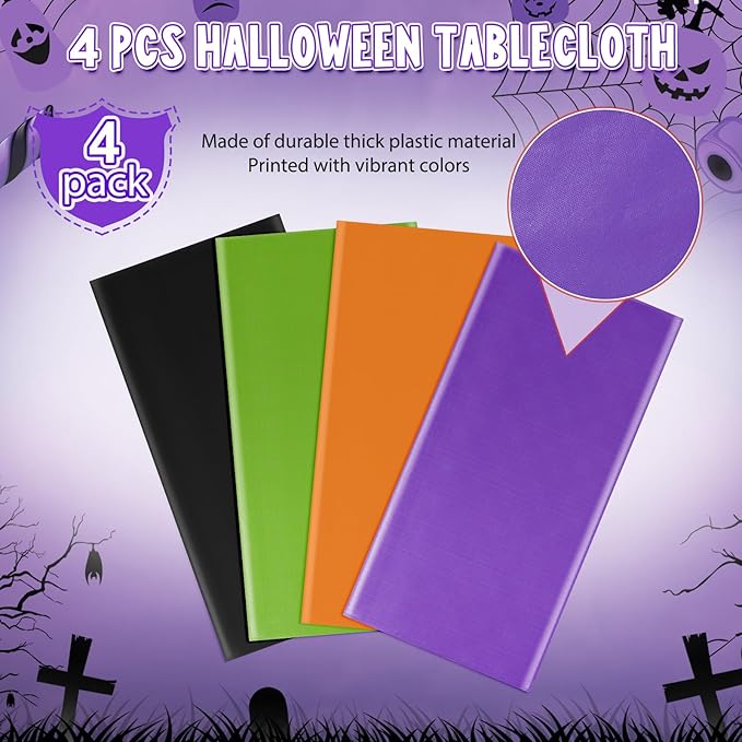 MASHAN 4Pcs Halloween Tablecloth Plastic Orange Black Purple Green Table Cloths Disposable Rectangle Table Covers for Halloween Theme Kids Birthday Witch Vampire Party Decorations, 54 x 108 Inch