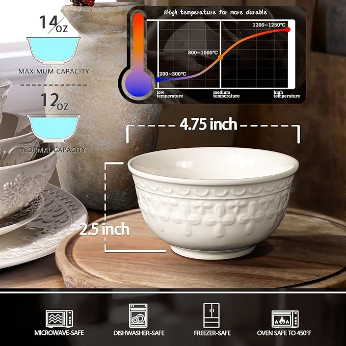 Small Ceramic Bowls - 14 Oz Ice Cream Bowls Set of 4, White Embossment Dessert Bowl for Kitchen, Soup, Side Dishes, Oatmeal, Rice, 4.75 Inch Microwave Oven Safe(Cross Floral)