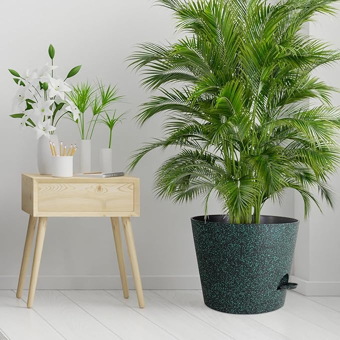 12 inch Large Self Watering Pots for Indoor Outdoor Plants, Flower Plant Pots with Mesh Drainage Holes for Garden, Plastic Planters with Reservoir for Home Plants, Black with Green Speckles