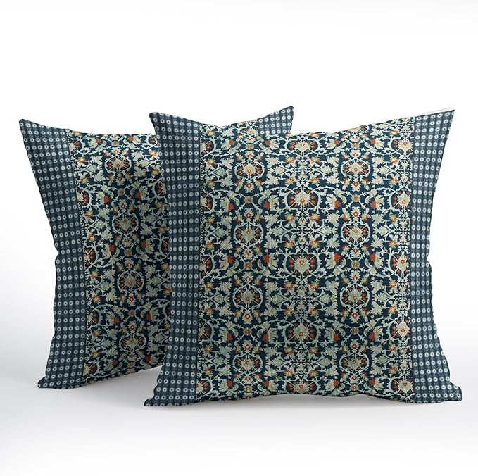 Kawani Antique Pillow Covers 18x18 Inch Vintage Floral Block Print Blue Red Decorative Throw Pillow Covers Set of 2 Retro Turkish Pillowcases for Couch Indoor Outdoor Home Decor