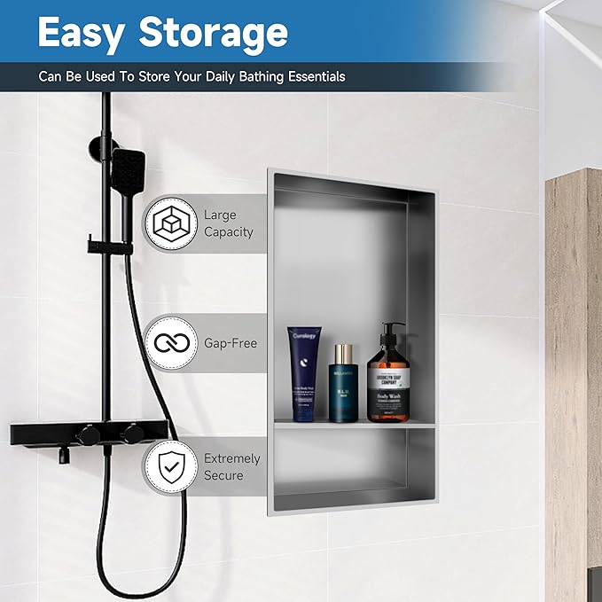 12" X 25" Stainless Steel Shower Niche Insert Tile Ready, Niche for Shower Wall, 2-Tier Recessed Shelves No Tile Needed for Bathroom Storage, Brushed Nickel