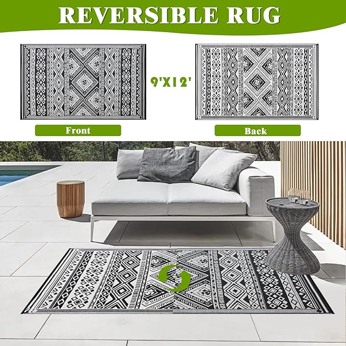 Outdoor Rug 9x12 ft Waterproof, Reversible Outdoor Plastic Straw Rug for Patios Clearance, Outdoor Area Rug Carpet RV Mat for Camping Backyard Deck Porch