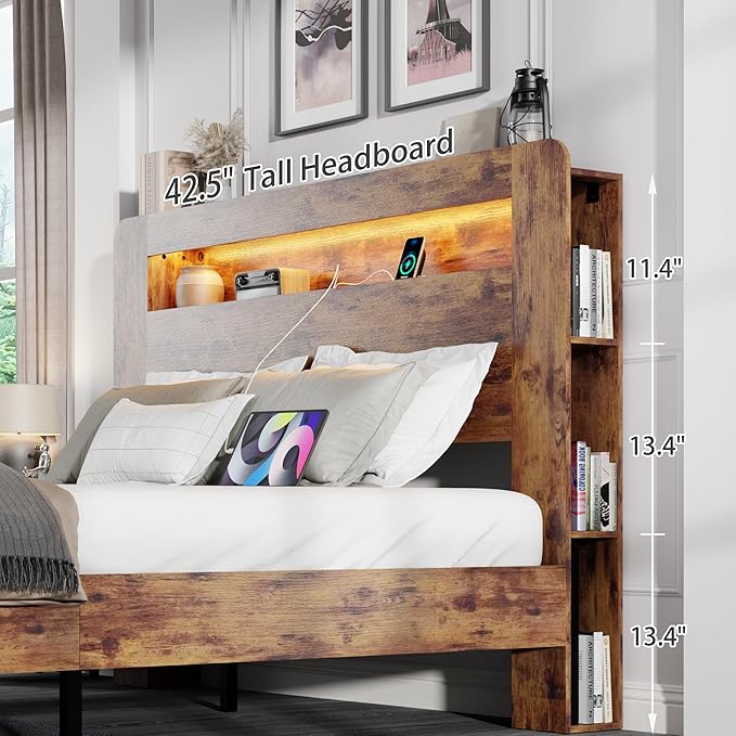 Queen Size Wooden Bed Frame with Bookcace Storage Headboard, Rustic Farmhouse Bedframe with LED Lights and Charging Station, Sturdy and Stable, Slat Support, No Box Spring Required (Brown, Queen)
