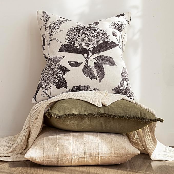 Foindtower Set of 2 Linen Floral Vintage Throw Pillow Covers Neutral Accent Print Decorative Cushion Covers Farmhouse Boho Home Decor for Sofa Chair Couch Bedroom Living Room Outdoor,22×22 Inch,Black