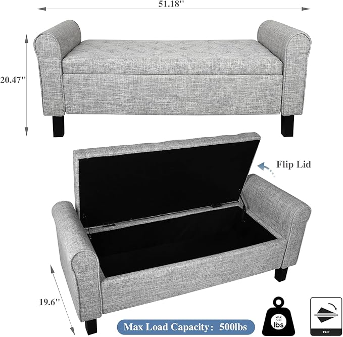 Storage Ottoman Bench with Arms, End of Bed Bench for Bedroom, Button Tufted for Entryway, Living Room,Hallway (Light Grey)