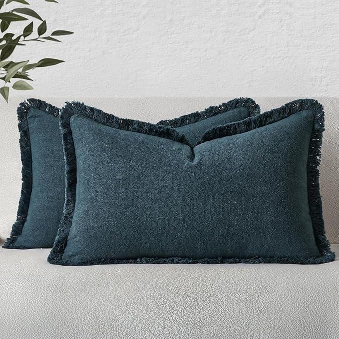 MIULEE Decorative Lumbar Throw Pillow Covers Neutral Linen Fringe Throw Pillows Set of 2 Navy Blue Boho Farmhouse Cushion Covers for Couch Sofa Bed Living Room Spring Home Decor 12x20 Inch