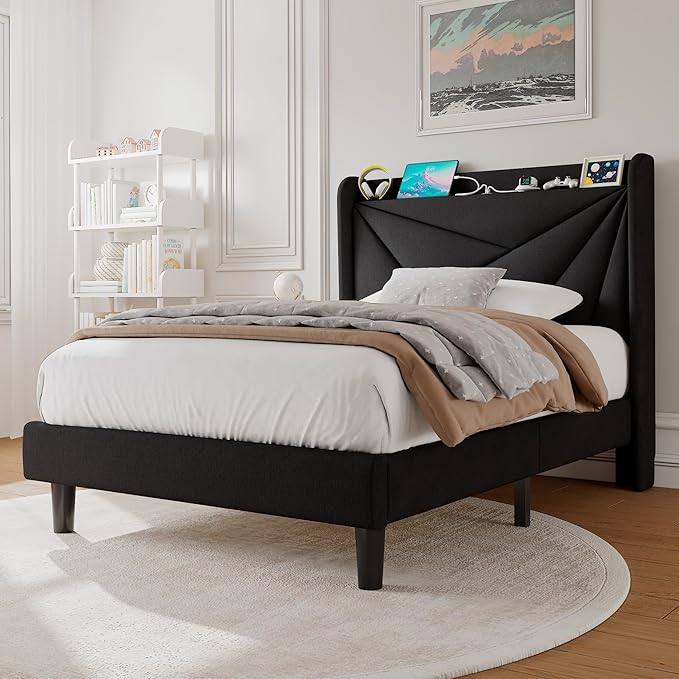 Twin Size Upholstered Bed Frame with Charging Station, Platform Bed Frame with Storage Headboard, Solid Wood Slats Support, No Box Spring Needed, Black