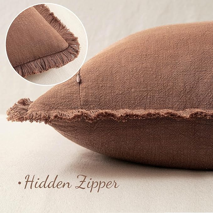 MIULEE Decorative Throw Pillow Covers Neutral Linen Fringe Throw Pillows Set of 2 Brick Boho Farmhouse Cushion Covers with Tassels for Couch Sofa Bed Living Room Spring Home Decor 20x20 Inch