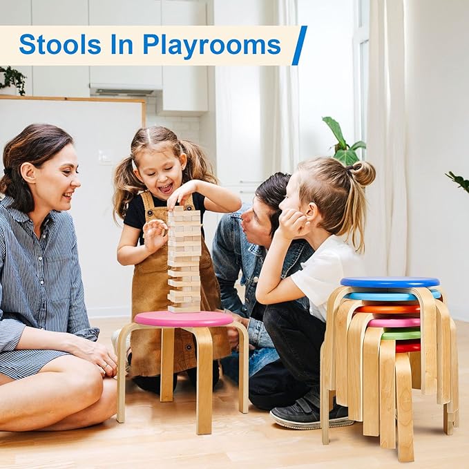 Sintuff 12 Inch Wood Stackable Classroom Stools Bentwood Stacking Chairs for Kids Colorful Round Nesting Stools Pack of 6 for Toddlers Adult Playroom Daycare Home Office