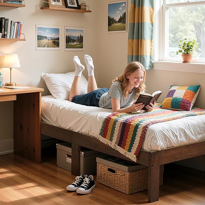 Hokway Wood Queen Bed Frame-No Wobble,Noise-Free,Easy Assembly with Precise Holes,12 in Wood Slat Support,No Box Spring Needed,Walnut