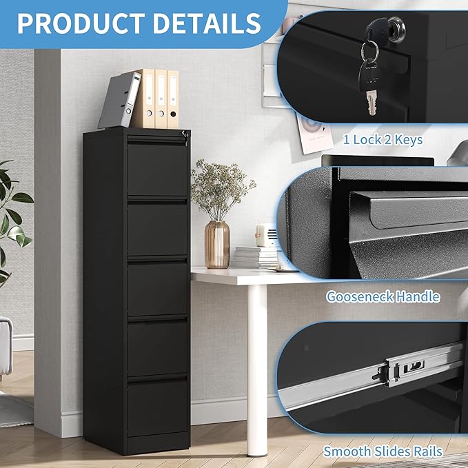 AQY 5 Drawer File Cabinet with Lock, Metal Black Filing Cabinets for Home Office, 18" Deep Heavy Duty Vertical Storage Cabinet for Hanging A4/Letter/Legal Size Files, Assembly Require