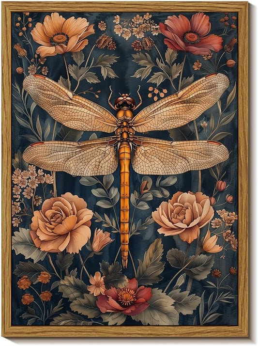 Djmwtb Vintage Framed Wall Art Floral Dragonfly Canvas Wall Art Prints Flower Botanical Painting Nature Pictures Artwork for Bedroom Living Room 12x16in