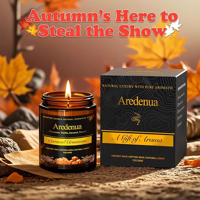 Fall Candle - Caramel Cinnamon Candle | Autumn Scented Candles for Home, 7oz Fall Soy Candles for Home Scented, 50 Hours Burn Time, Harvest Holiday/Halloween/Thanksgiving Autumn Gifts for Women Men