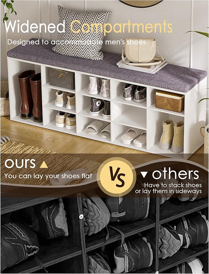 DINZI LVJ Shoe Storage Bench with Cushion, 15-Cubby Shoe Rack, Adjustable Shelves, Long Shoe Organizer Bench for Entryway, Mudroom, Hallway, Living Room, Bedroom and Garage, White