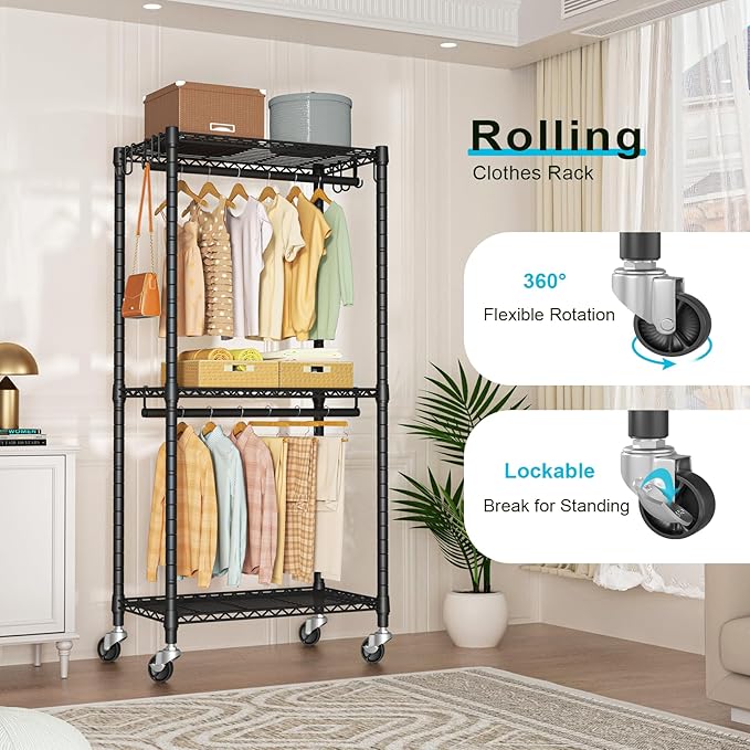 FUTASSI P3 Mini Rolling Clothes Rack, Clothing Racks for Hanging Clothes, Heavy Duty Garment Rack with Wheels, Freestanding Portable Closet Rack 23.6'' W x 14'' D x 78.5'' H, Max Load 430 Lbs, Black