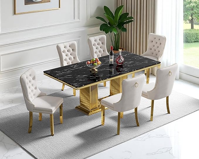 68" Faux Marble Dining Table Set for 6, 7-Piece Dining Set with Black Gold Kitchen Table and 6 Velvet Tufted Chairs, Modern Rectangular Dining Room Tables with Column-Shape Stainless Steel Base