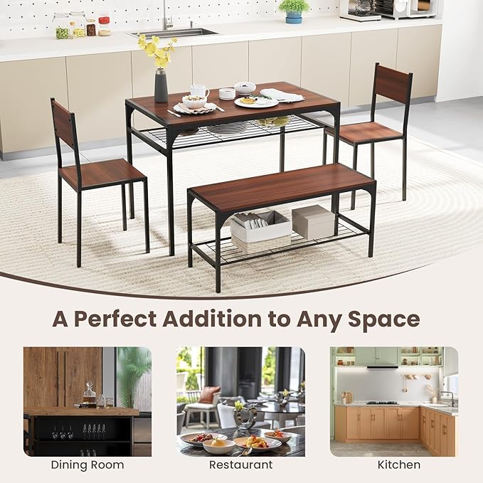 Tangkula Dining Table Set for 4, Kitchen Table and 2 Chairs for 4 with Bench, Additonal Storage Rack, 4 Piece Dining Table Set for Small Space, Apartment