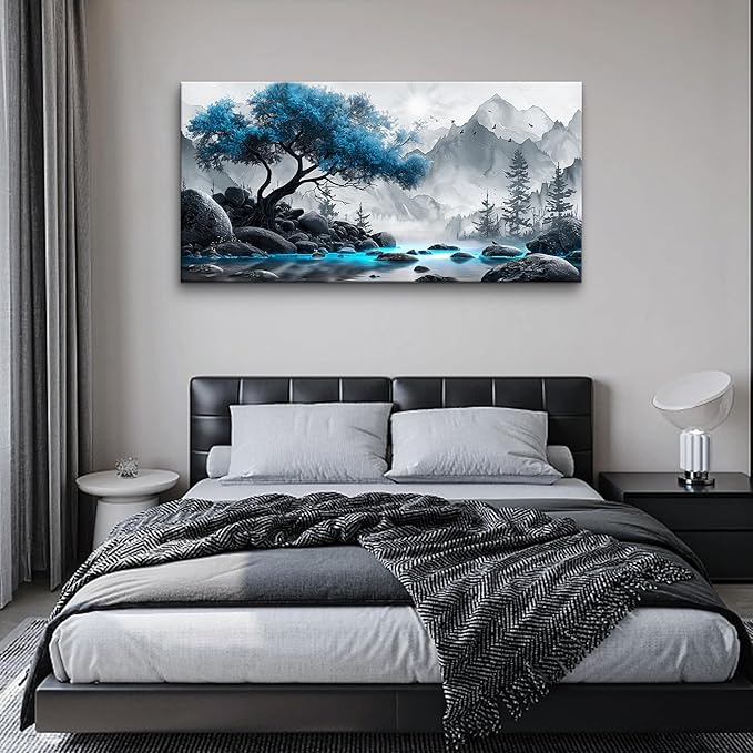 Lapremoly Black And White Painting Canvas Wall Art For Living Room Large Wall Decor For Office Wall Decorations For Bedroom Blue Tree Landscape Wall Pictures Hotel Artwork Posters Family Home Decor